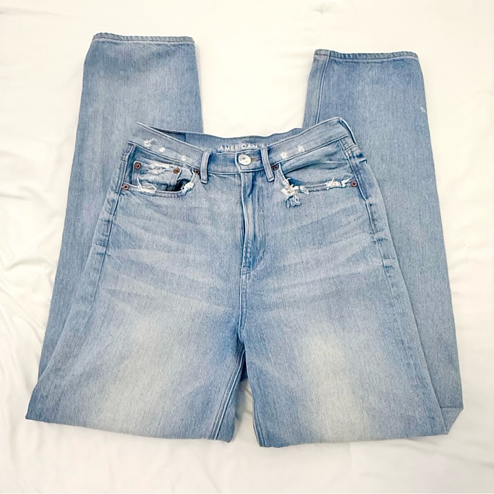 American Eagle Outfitters Light Blue Straight Leg Baggy Jeans Distressed